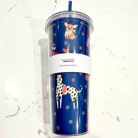 Vera Bradley Blue Dog Bark Park 24 oz Acrylic Tumbler with Top and Straw NWT - Picture 3 of 7